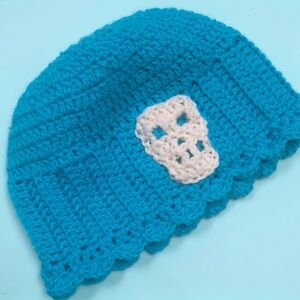 Stylish turquoise Blue skull Crochet Beanie with off -White Detail